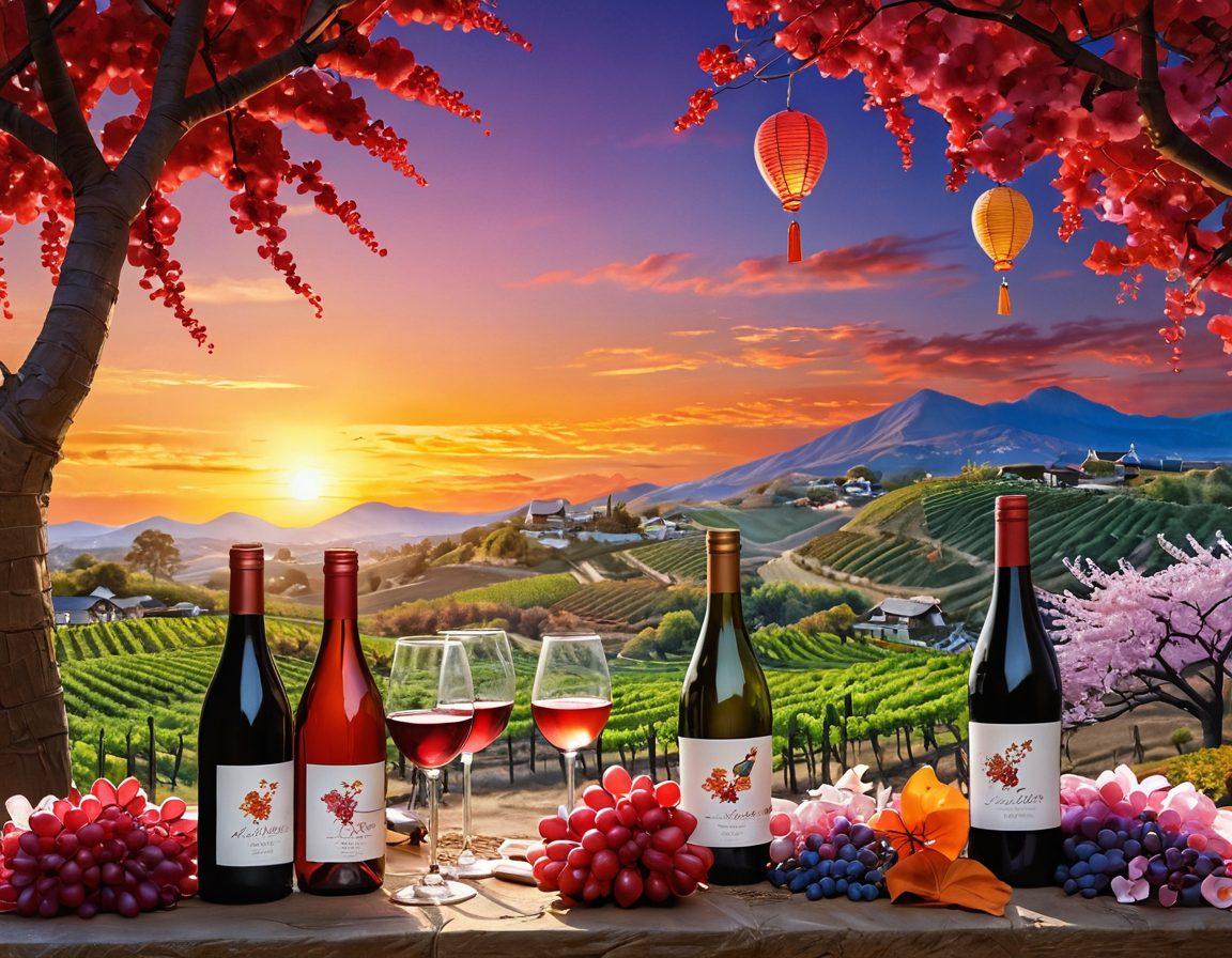 A picturesque vineyard landscape under a sunset sky, featuring vibrant red grape clusters transitioning to sparkling wine bottles. Include joyful Asian individuals toasting with glasses, surrounded by traditional wine-making tools, and colorful motifs of Asian culture, such as paper lanterns and cherry blossoms. The scene evokes a sense of celebration and heritage. super-realistic. vibrant colors. 3D.