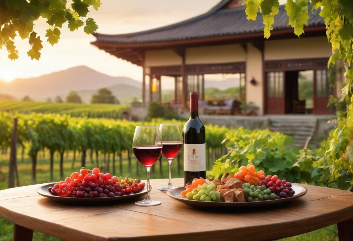 A picturesque vineyard in Asia during sunset, showcasing rows of lush grapevines with vibrant hues of red and green, and a table set with elegant wine glasses and a variety of Asian delicacies. In the background, traditional Asian architecture complements the scene, while a joyful couple toasts with wine glasses. The atmosphere is warm and inviting, capturing the essence of wine tasting amidst Asian charm. super-realistic. vibrant colors. 3D.