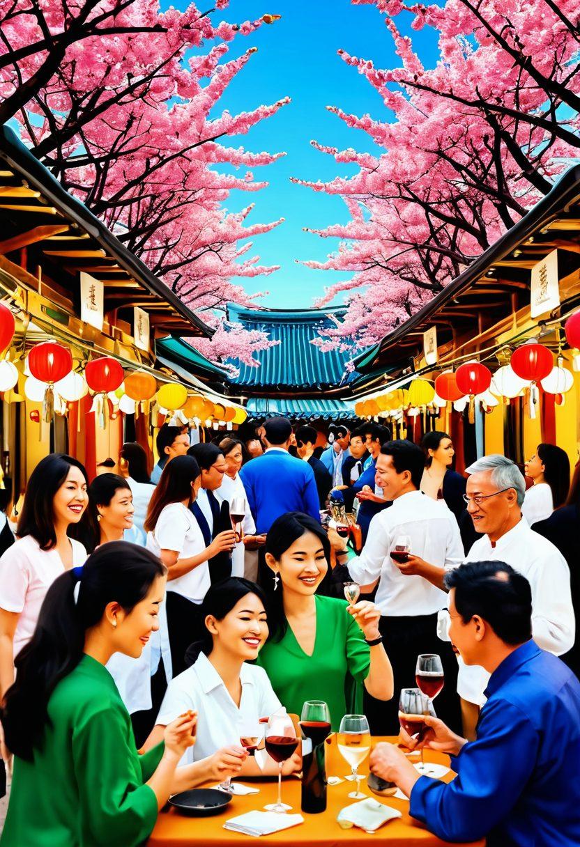A vibrant wine tasting scene set in an Asian market, featuring colorful stalls with traditional Asian decorations, an array of wine glasses filled with various wines, and diverse people joyfully interacting, swirling their glasses. The background includes lush greenery and cherry blossom trees, symbolizing the harmony between nature and celebration. The atmosphere is warm and inviting, radiating a cheerful spirit. super-realistic. vibrant colors. 3D.